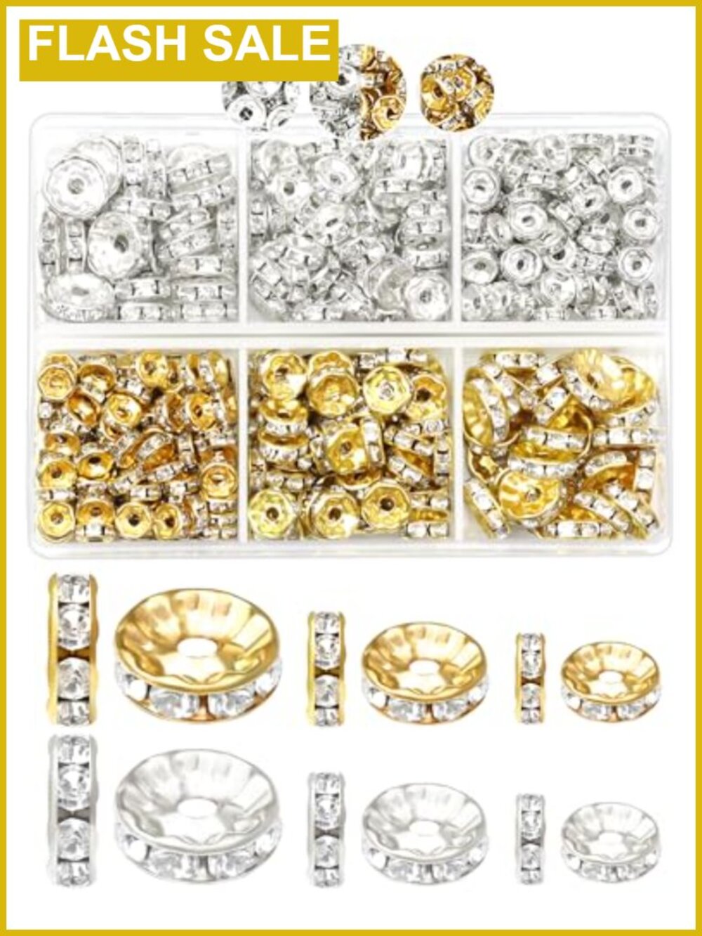 300pc Mixed Gold Silver Rhinestone Spacer Beads Jewelry Making Kit 6-10mm
